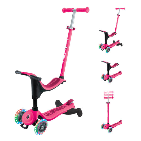 קורקינט 3 גלגלים גלובר גו אפ ספורטי Globber Go Up Sporty 360 נסיעה ב דחיפה/ ישיבה / עמידה 3 ב1 צבע ורוד