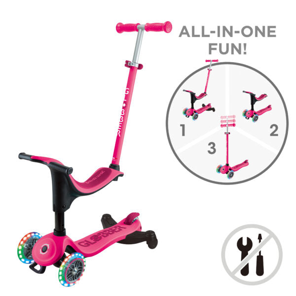 קורקינט 3 גלגלים גלובר גו אפ ספורטי Globber Go Up Sporty 360 נסיעה ב דחיפה/ ישיבה / עמידה 3 ב1 צבע ורוד