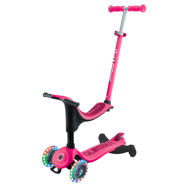 קורקינט 3 גלגלים גלובר גו אפ ספורטי Globber Go Up Sporty 360 נסיעה ב דחיפה/ ישיבה / עמידה 3 ב1 צבע ורוד