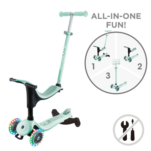 קורקינט 3 גלגלים גלובר גו אפ ספורטי Globber Go Up Sporty 360 נסיעה ב דחיפה/ ישיבה / עמידה 3 ב1 צבע ירוק מנטה