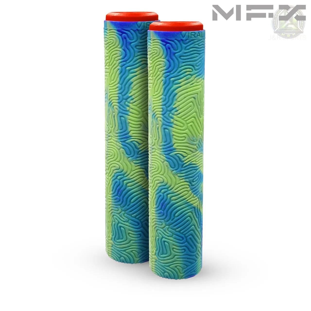 זוג גריפים ידיות אחיזה לכידון MGP VIRAL באורך 180ממ וזוג פקקים מוקשחים לסוף כידון. ידיות ירוק ותכלת פקקים אדומים