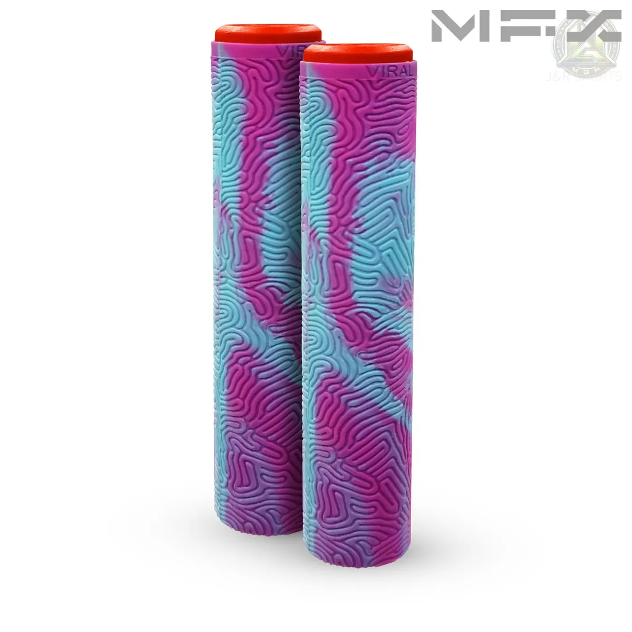 זוג גריפים ידיות אחיזה לכידון MGP VIRAL באורך 180ממ וזוג פקקים מוקשחים לסוף כידון. ידיות ורוד ותכלת פקקים אדומים