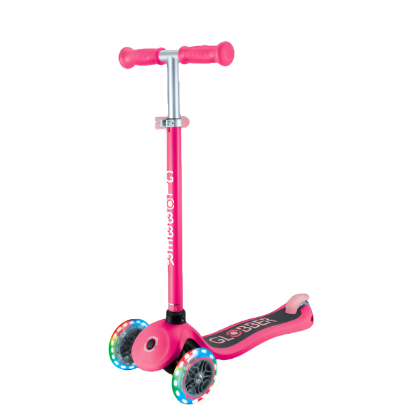 קורקינט לילדים 3 גלגלים גלובר פרימו עם אורות lobber Primo Lights היגוי בהטייה, גובה מתכוונן, צבע ורוד פוקסיה