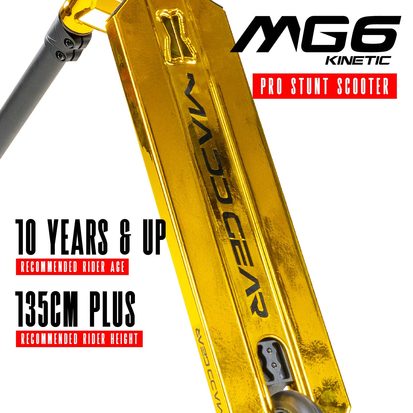 קורקינט פעלולים מקצועי לילדים 5-12 MG6 KINETIC בצבע זהב, סקוט קל משקל ועמיד של המותג הגדול בעולם Madd Gear מתאים לסקייטפארק ולפארק