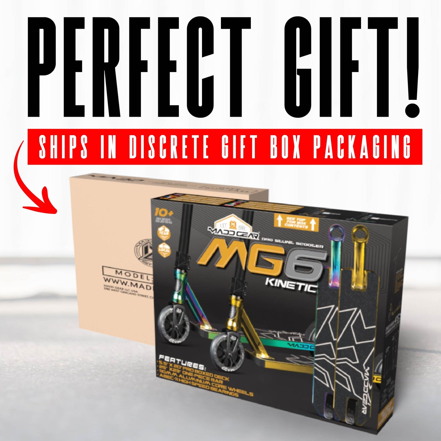 קורקינט פעלולים מקצועי לילדים 5-12 MG6 KINETIC בצבע נאו כרום שחור, סקוט קל משקל ועמיד של המותג הגדול בעולם Madd Gear