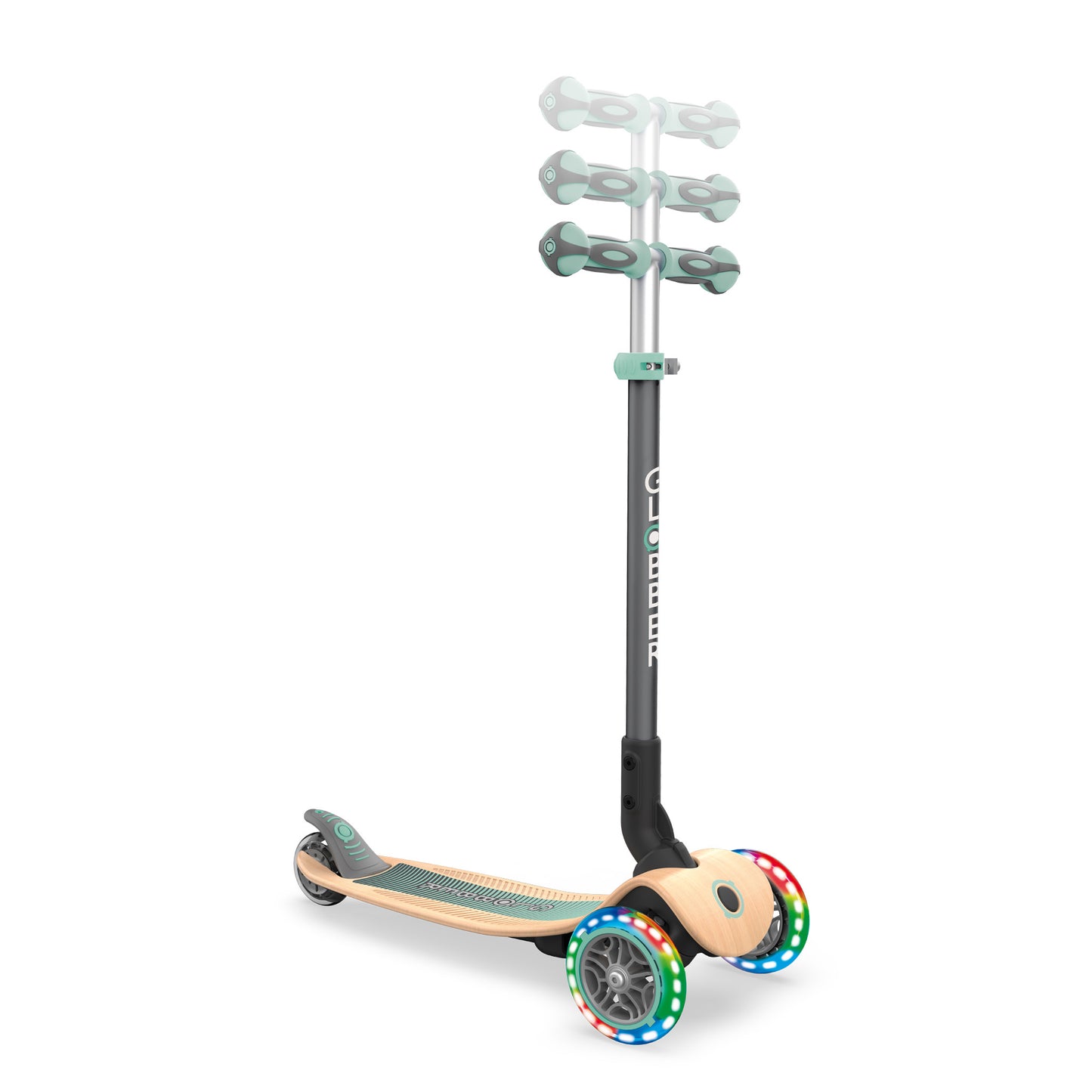 קורקינט לילדים 3 גלגלים גלובר פרימו משטח עץ מתקפל עם אורות Globber Primo Foldable Wood Lights מנגנון היגוי בהטייה, צבע עץ ורוד