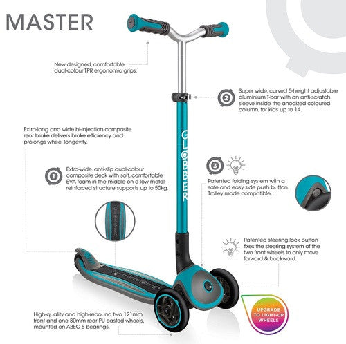 קורקינט 3 גלגלים גלובר מאסטר Globber Master מנגנון היגוי בהטייה, גובה מתכוונן, צבע שחור אדום