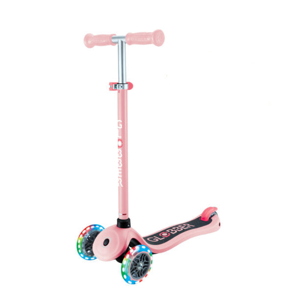 קורקינט לילדים 3 גלגלים גלובר פרימו עם אורות Globber Primo Lights היגוי בהטייה, גובה מתכוונן, צבע ורוד פסטל פוקסיה