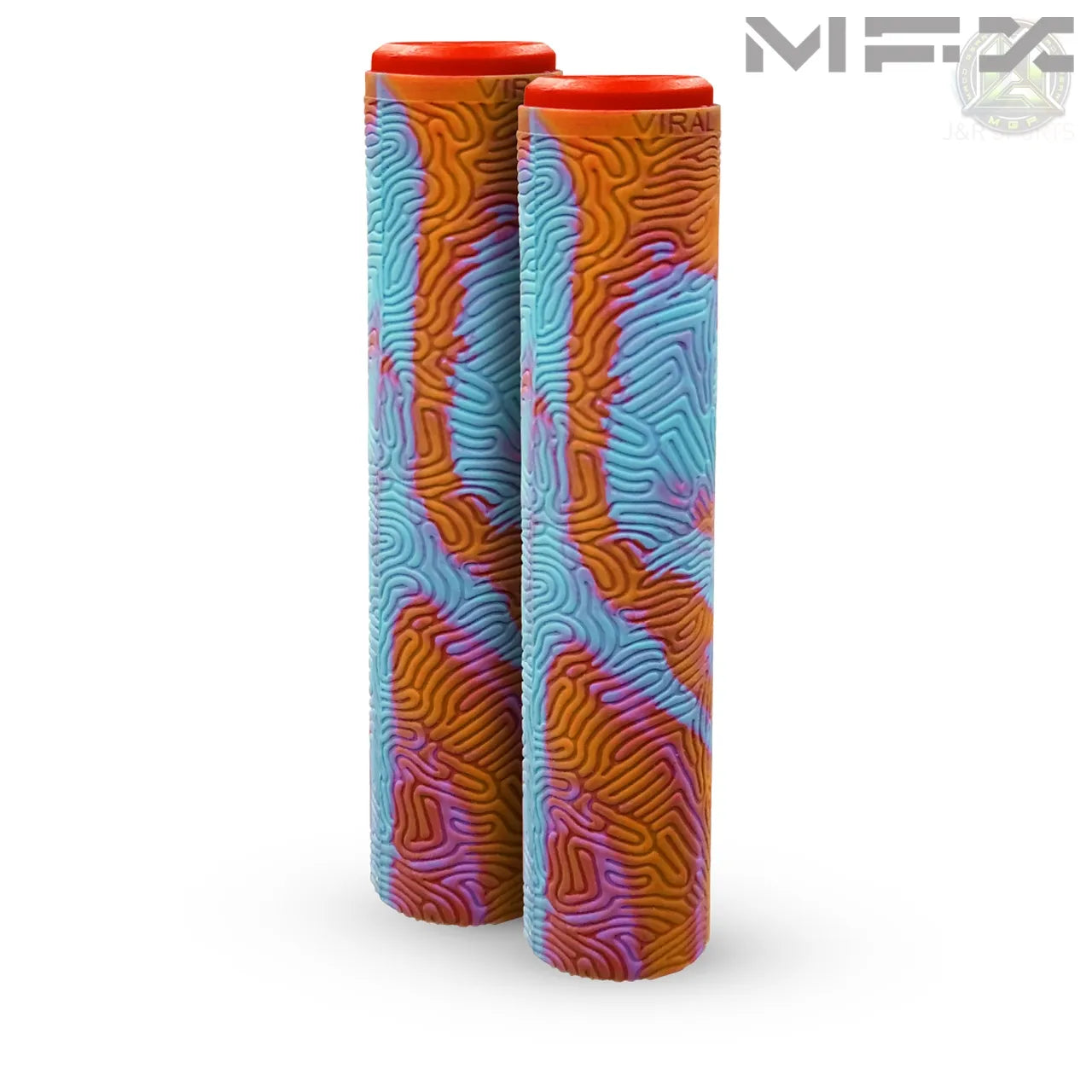 זוג גריפים ידיות אחיזה לכידון MGP VIRAL באורך 180ממ וזוג פקקים מוקשחים לסוף כידון. ידיות כתום ותכלת פקקים אדומים