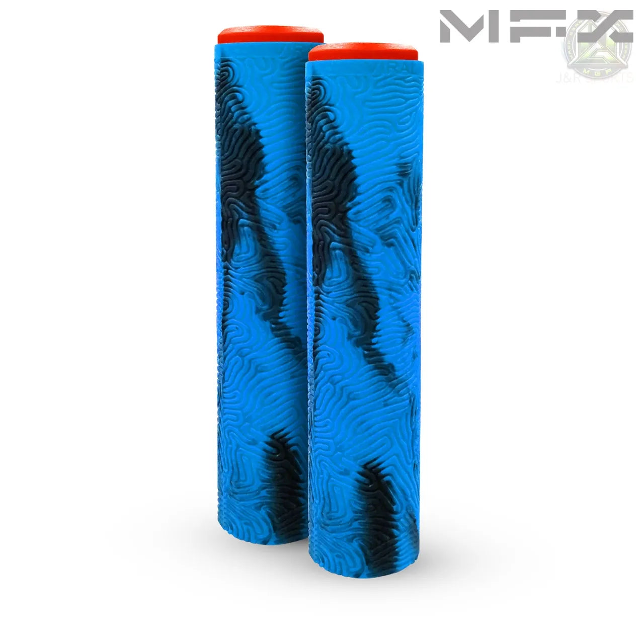 זוג גריפים ידיות אחיזה לכידון MGP VIRAL באורך 180ממ וזוג פקקים מוקשחים לסוף כידון. ידיות שחור וכחול פקקים אדומים