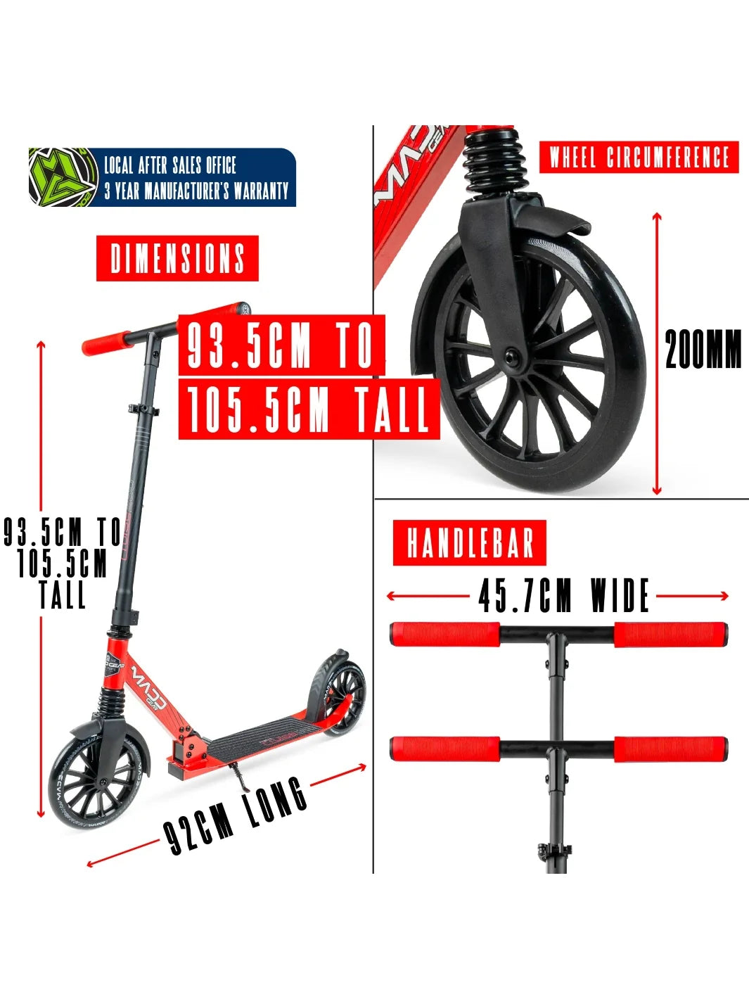 קורקינט מתקפל לנוער ומבוגרים Madd Gear Metro Cruise 250 שחור/אדום