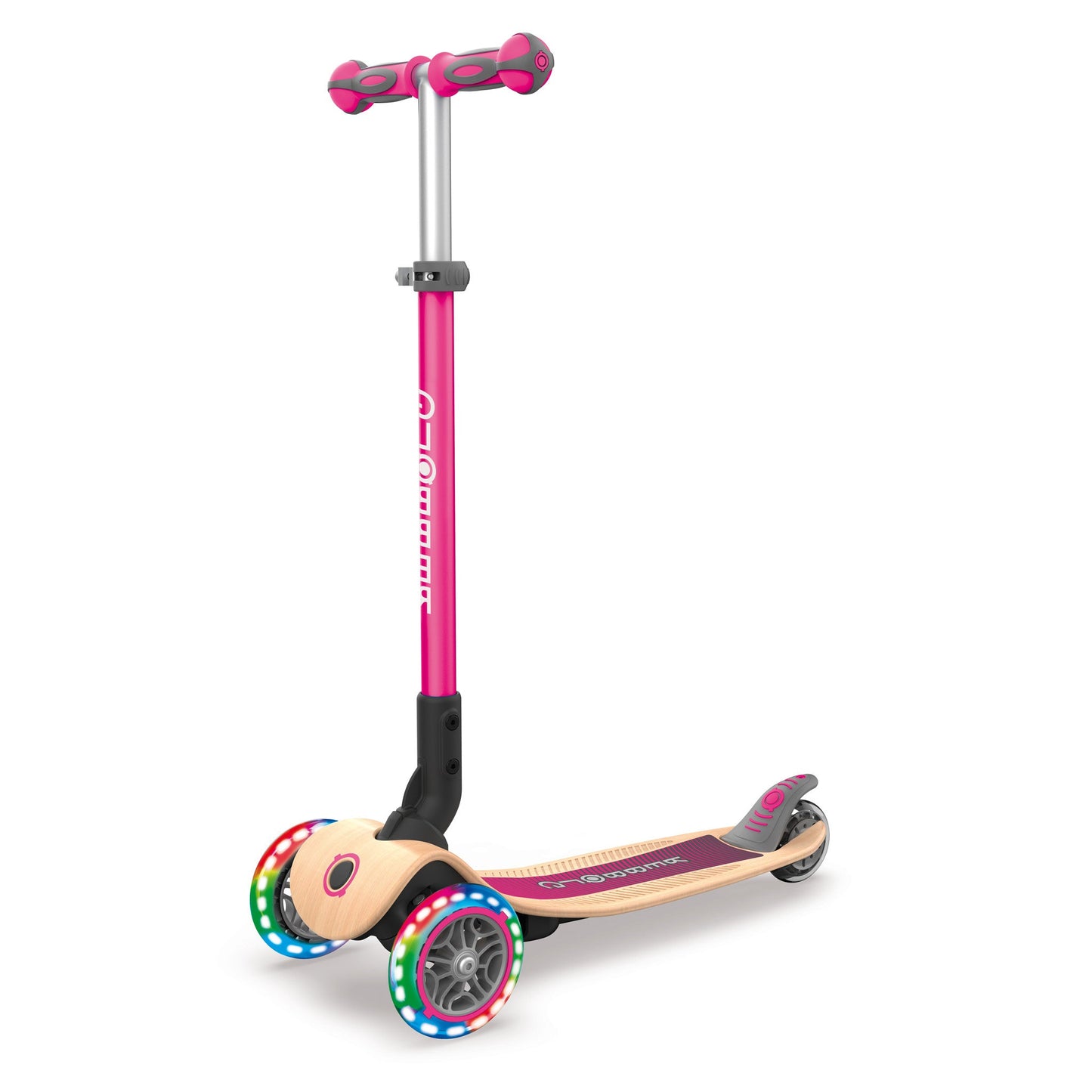 קורקינט לילדים 3 גלגלים גלובר פרימו משטח עץ מתקפל עם אורות Globber Primo Foldable Wood Lights מנגנון היגוי בהטייה, צבע עץ ורוד