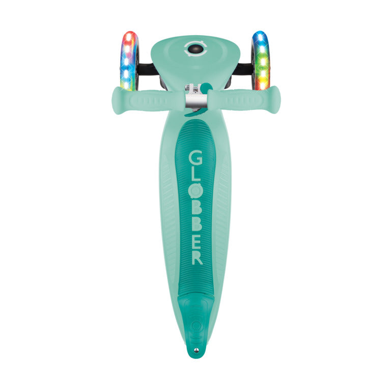 קורקינט לילדים 3 גלגלים גלובר פרימו ג'וניור מתקפל עם אורות בגלגלים (האורות ניתנים לביטול) ירוק מנטה Globber Primo Junior foldable מנגנון היגוי בהטייה, גובה מתכוונן