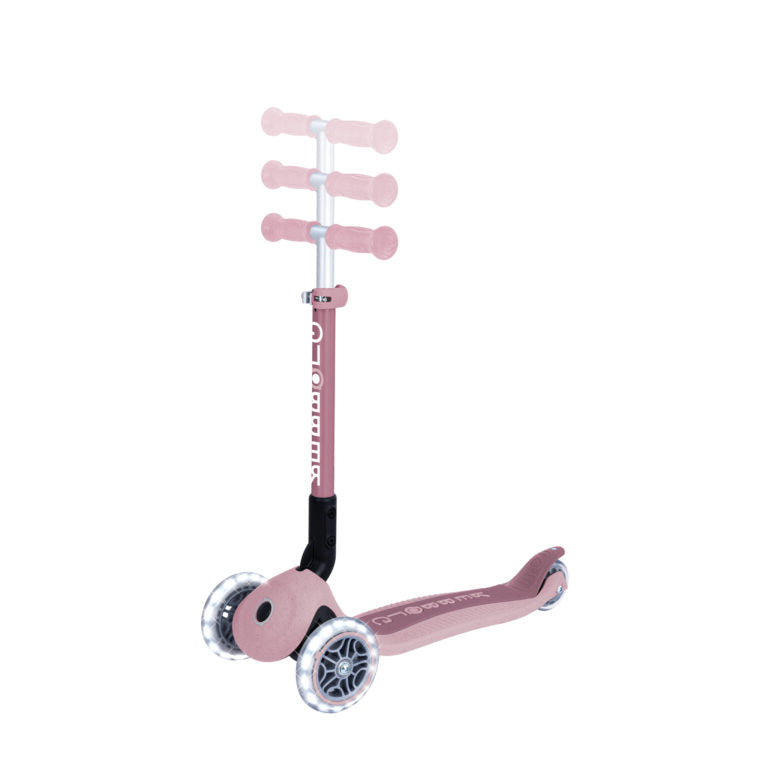 קורקינט לילדים 3 גלגלים גלובר פרימו ג'וניור מתקפל עם אורות בגלגלים (האורות ניתנים לביטול) Globber Primo Junior foldable מנגנון היגוי בהטייה, גובה מתכוונן, צבע ורוד