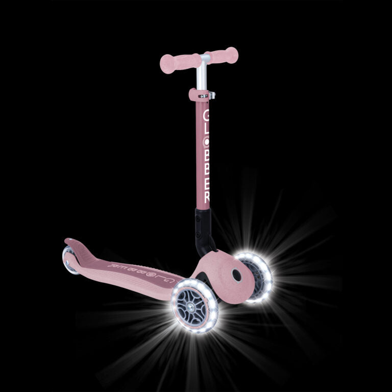 קורקינט לילדים 3 גלגלים גלובר פרימו ג'וניור מתקפל עם אורות בגלגלים (האורות ניתנים לביטול) Globber Primo Junior foldable מנגנון היגוי בהטייה, גובה מתכוונן, צבע ורוד