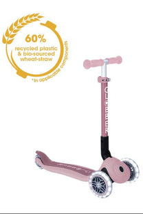 קורקינט לילדים 3 גלגלים גלובר פרימו ג'וניור מתקפל עם אורות בגלגלים (האורות ניתנים לביטול) Globber Primo Junior foldable מנגנון היגוי בהטייה, גובה מתכוונן, צבע ורוד