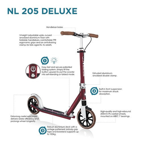 קורקינט גלגלים גדולים מתקפל גלובר GLOBBER NL 205 DELUXE לילדים נוער ובוגרים אדום