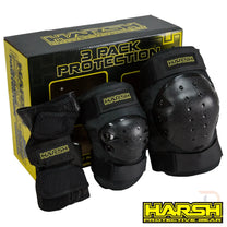 סט מיגון מקצועי Harsh 3 Pack Combo | הגנה לברכיים, מרפקים ופרקי כף היד | שחור