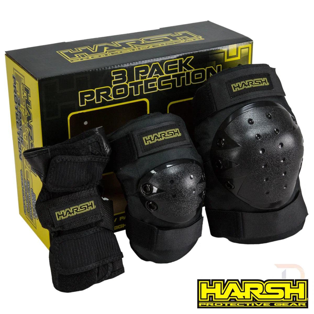 סט מיגון מקצועי Harsh 3 Pack Combo | הגנה לברכיים, מרפקים ופרקי כף היד | שחור