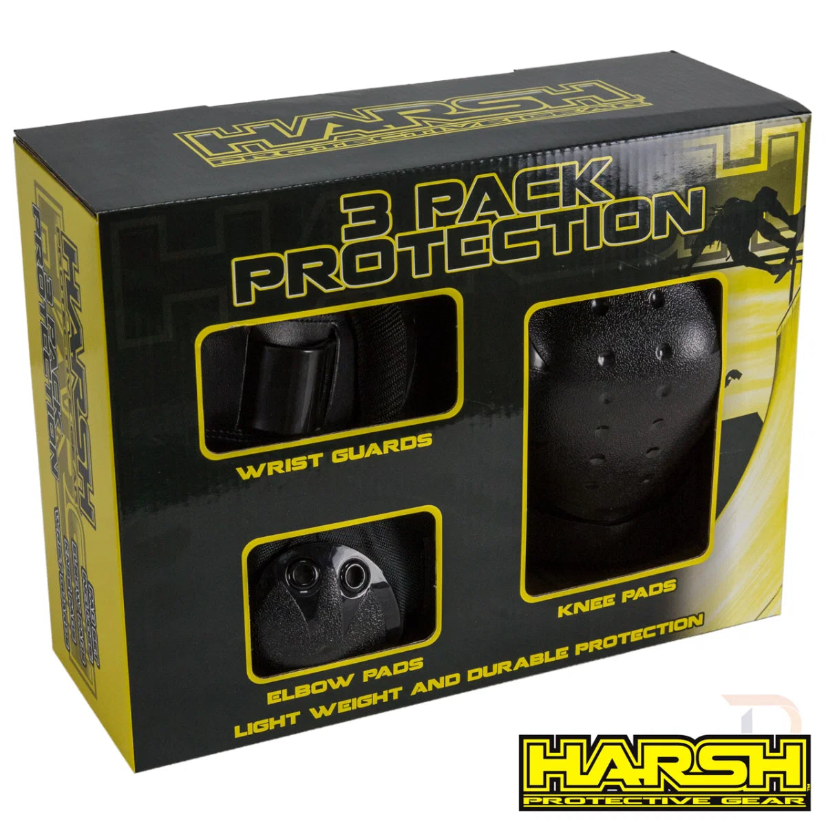 סט מיגון מקצועי Harsh 3 Pack Combo | הגנה לברכיים, מרפקים ופרקי כף היד | שחור