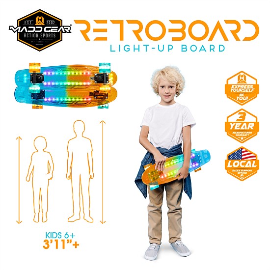 סקייטבורד רטרו מואר LED לילדים ונוער 22 אינץ' Madd Gear Orange/Teal | נטען USB