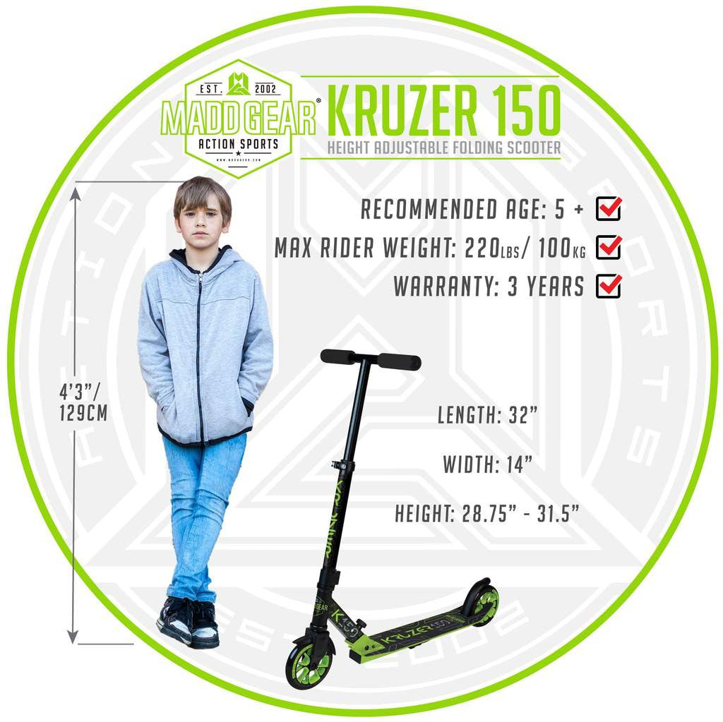 קורקינט מתקפל 2 גלגלים KRUZER 150 ירוק שחור
