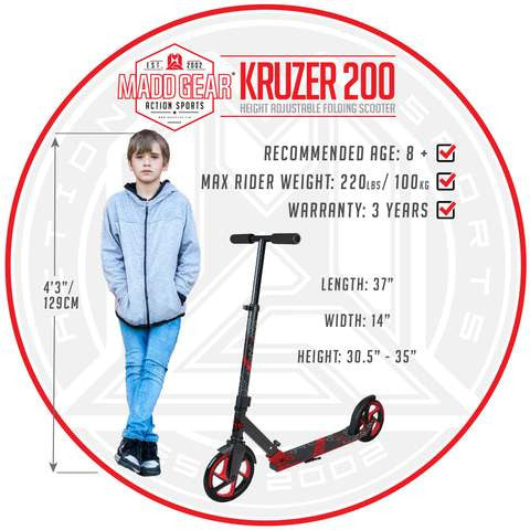 קורקינט מתקפל 2 גלגלים KRUZER 200 אדום שחור